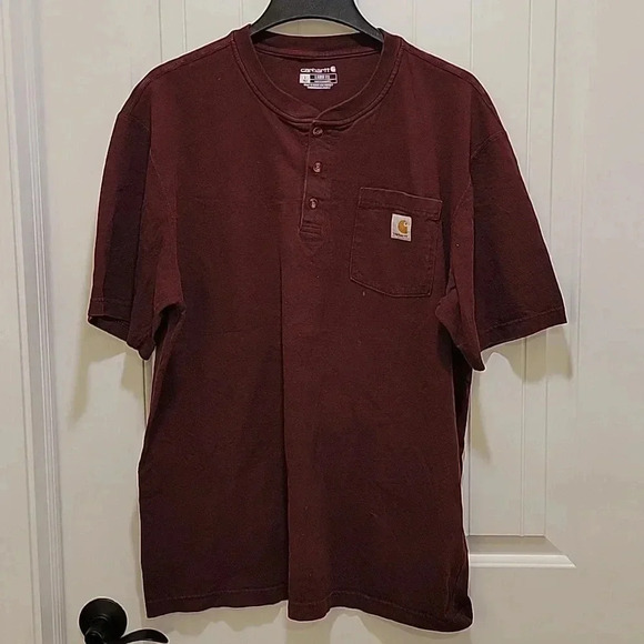 Carhartt Pocket Henley Burgundy Tshirt Size Large Tall Loose Fit - Picture 7 of 7